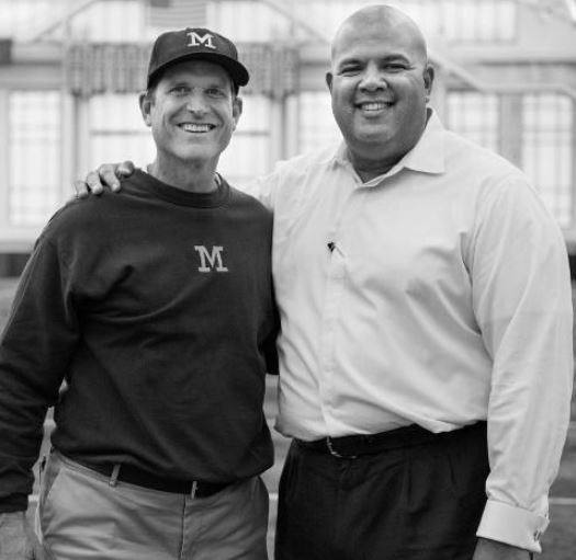 Sarah Feuerborn Harbaugh husband Jim Harbaugh with his friend at Schembechler Hall